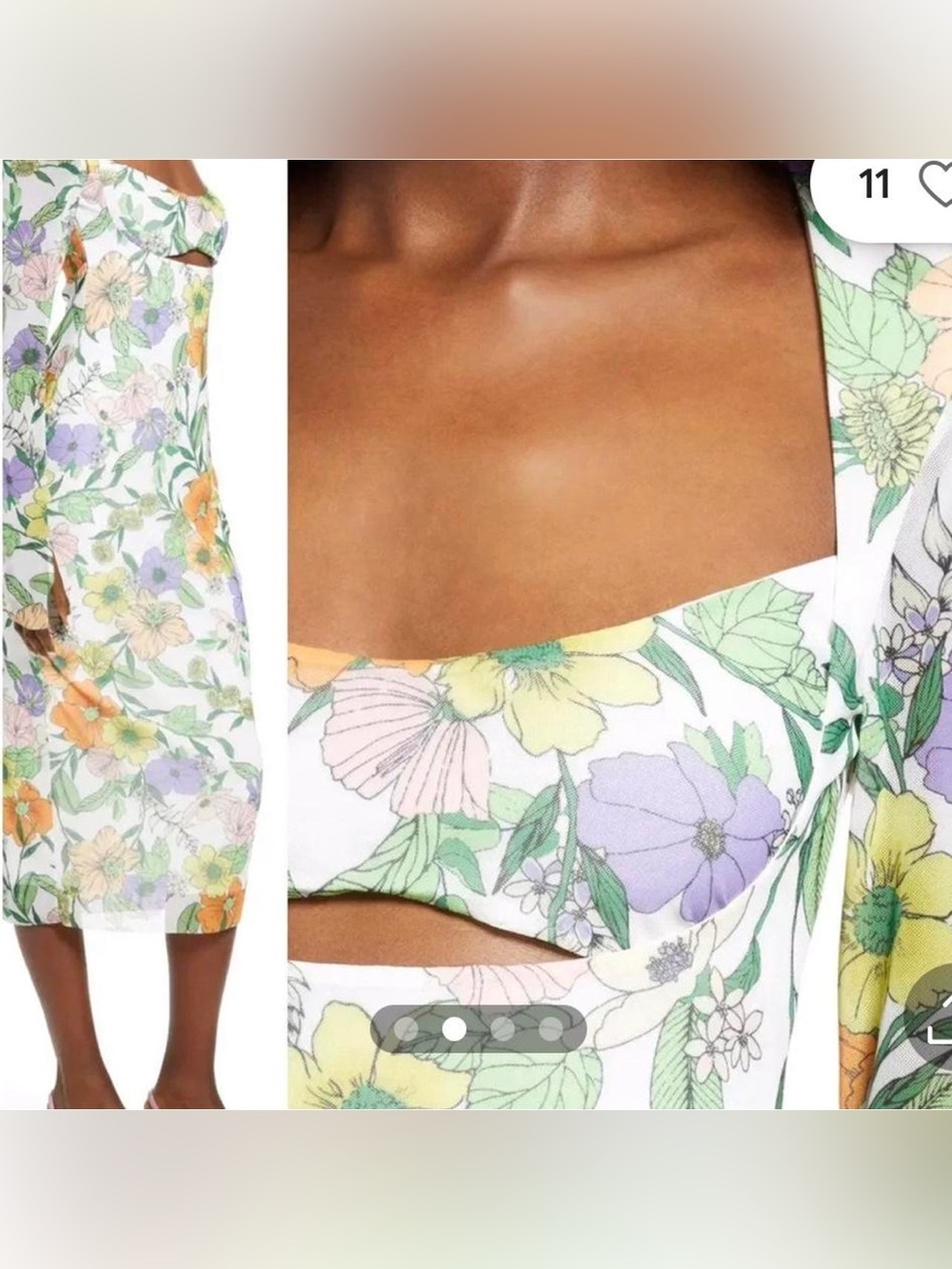 AFRM White Floral Midi Dress with Pastel Purple, Yellow & Green